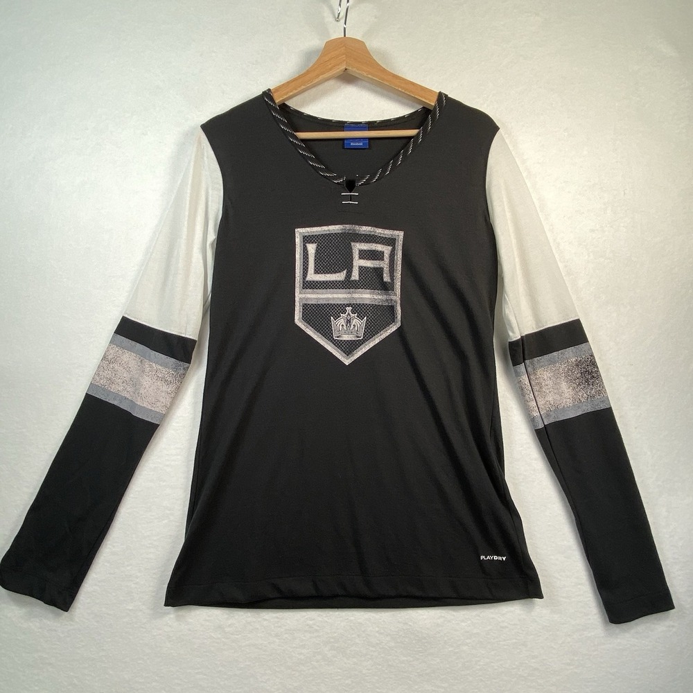Reebok LA Kings NHL T-Shirt Womens Large Black White Long Sleeve Hockey Fan Gear